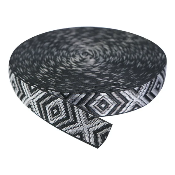 Close-up of black and white custom jacquard tapes with different patterns being used as decorative trims on a navy jacket seam and a white hoody cuff.